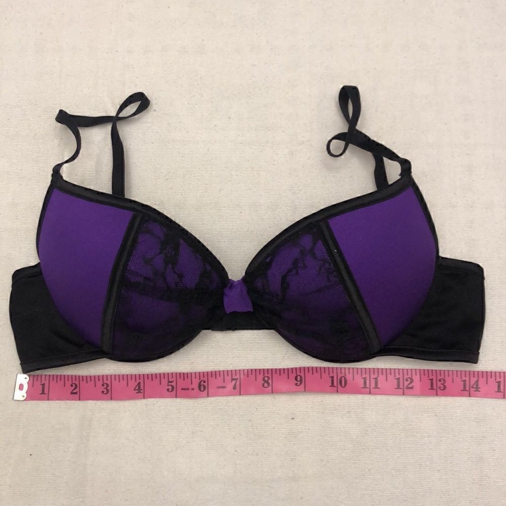 Coquette black lace purple satin push up underwire bra size L - Picture 8 of 8
